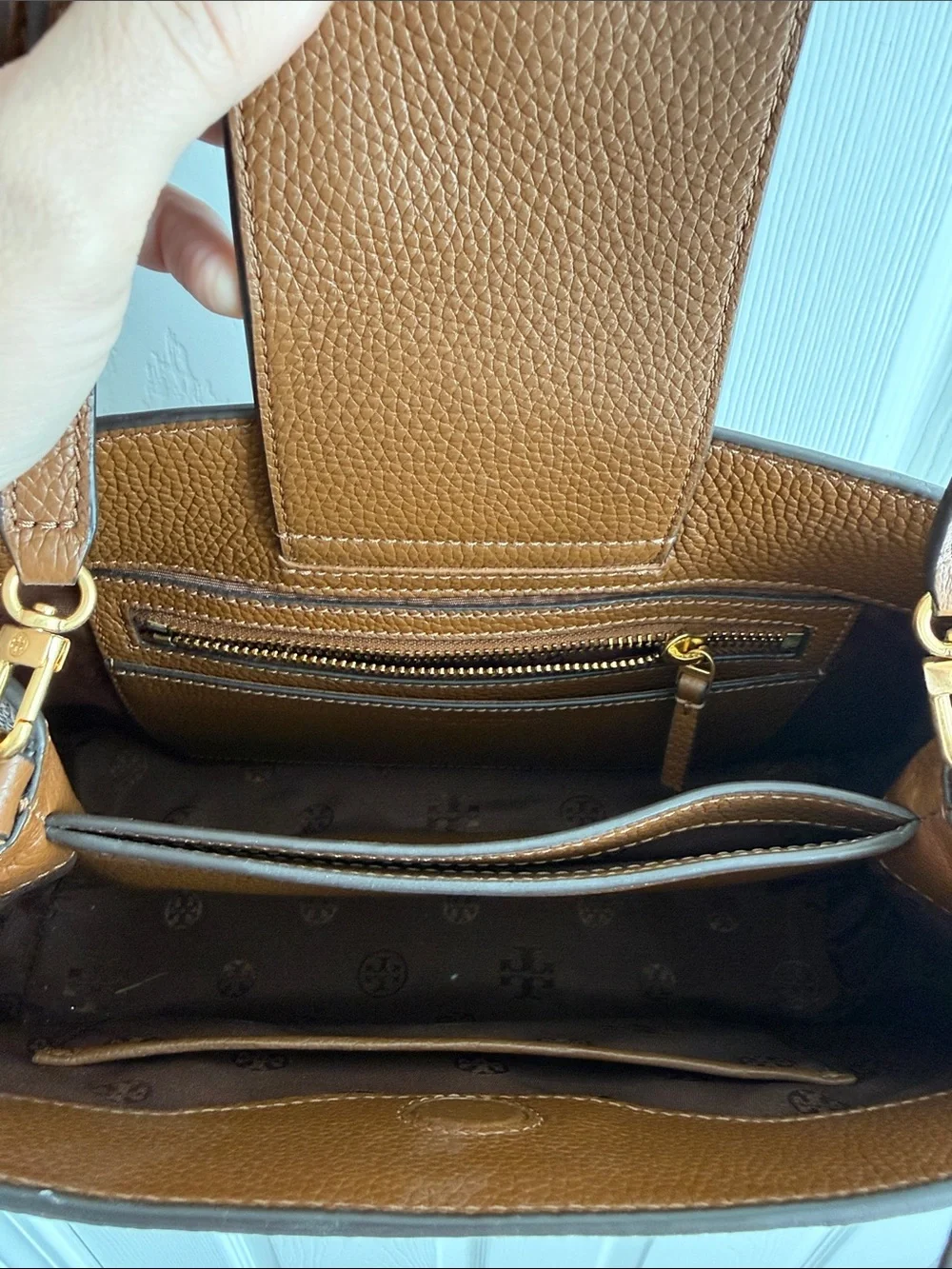 Tory Burch Brown Pebbled Leather Satchel with Top Handle & Adjustable Strap